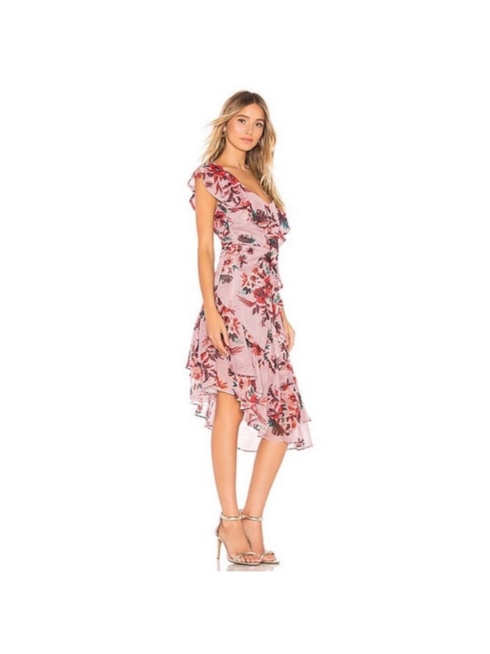 Lovers + Friends Stacy Midi Dress Holiday Floral One Shoulder Ruffle Asymmetrica